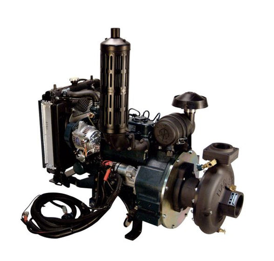 Black Darley Diesel Pump 2BE 24K, 24 HP, 3 cylinder, 4 cycle, liquid cooled, 3" NPTF suction, (1) 2-1/2" NPTF and (2) 1-1/2" NPTF discharge