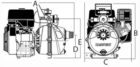 Lavender Darley Davey 6hp Briggs & Stratton Fire Pump, Twin Impeller - AK315 - 65 GPM / 120 PSI - 3-way discharge port with 1 - 1-1/2 NPTM, 2 - 1” NPTM Outlets / 1-1/2 NPTM Inlet